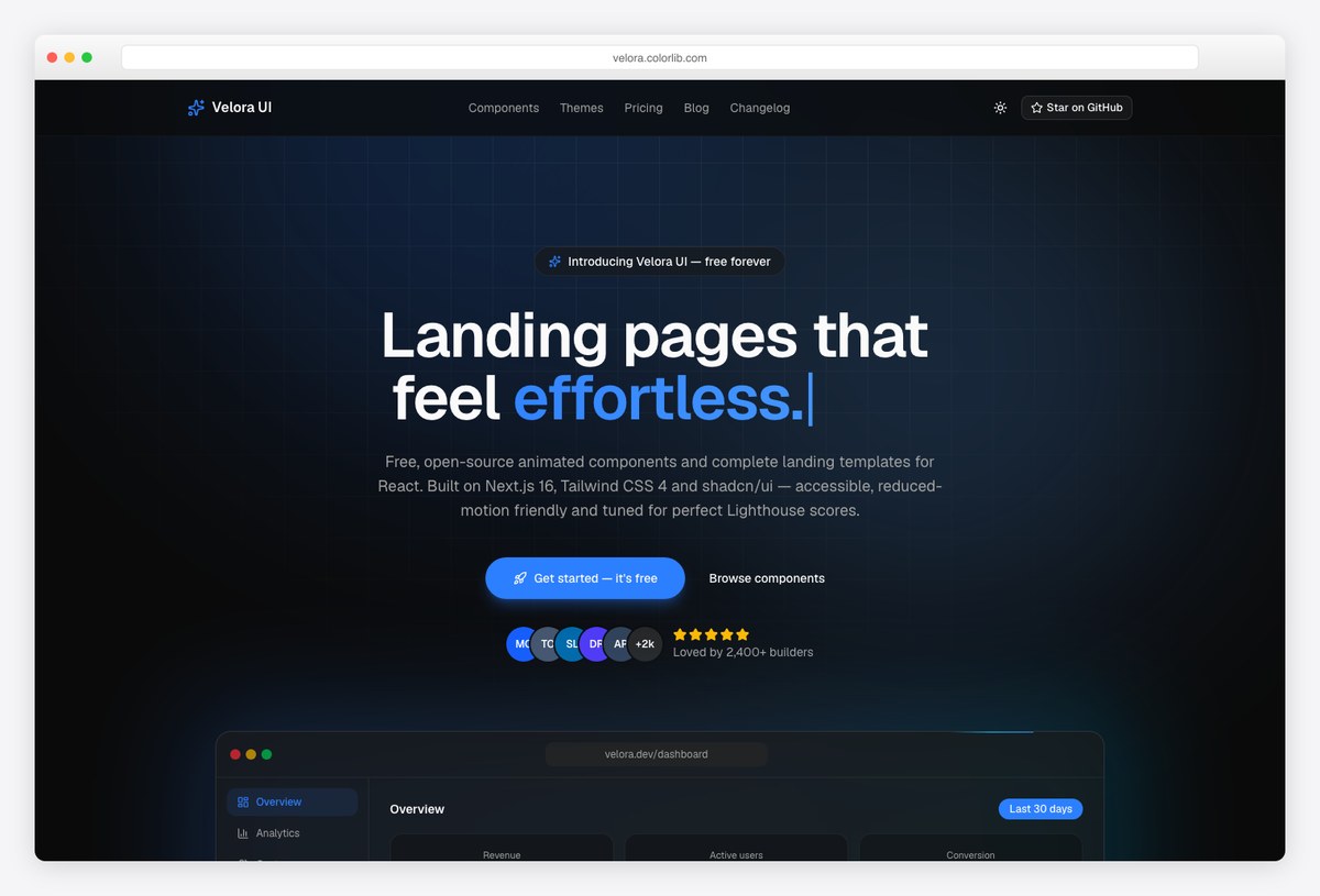 Velora UI — free MIT Next.js 16 landing page template hero, built with Tailwind CSS 4, shadcn/ui and Motion