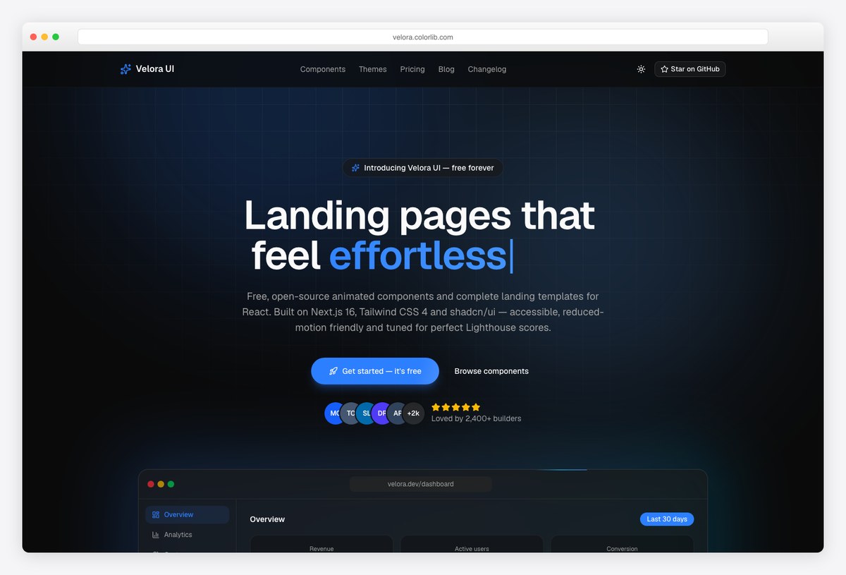 Velora UI — free open-source Tailwind CSS 4 landing page template built on Next.js 16 and shadcn/ui