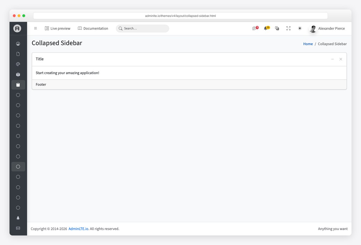AdminLTE 4 layout with the sidebar collapsed to icons