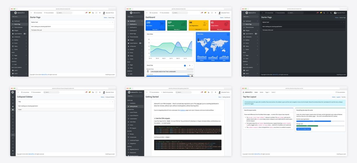 The best adminlte 4 install setup — collage of six template screenshots