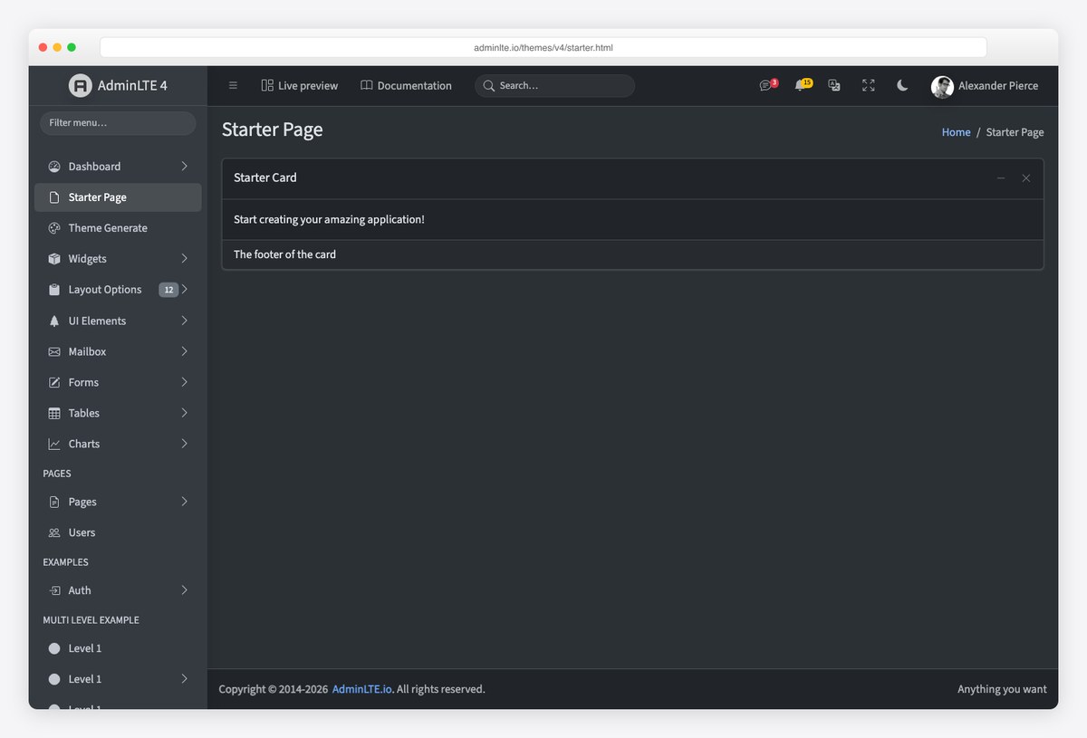 The AdminLTE 4 starter page in dark color mode