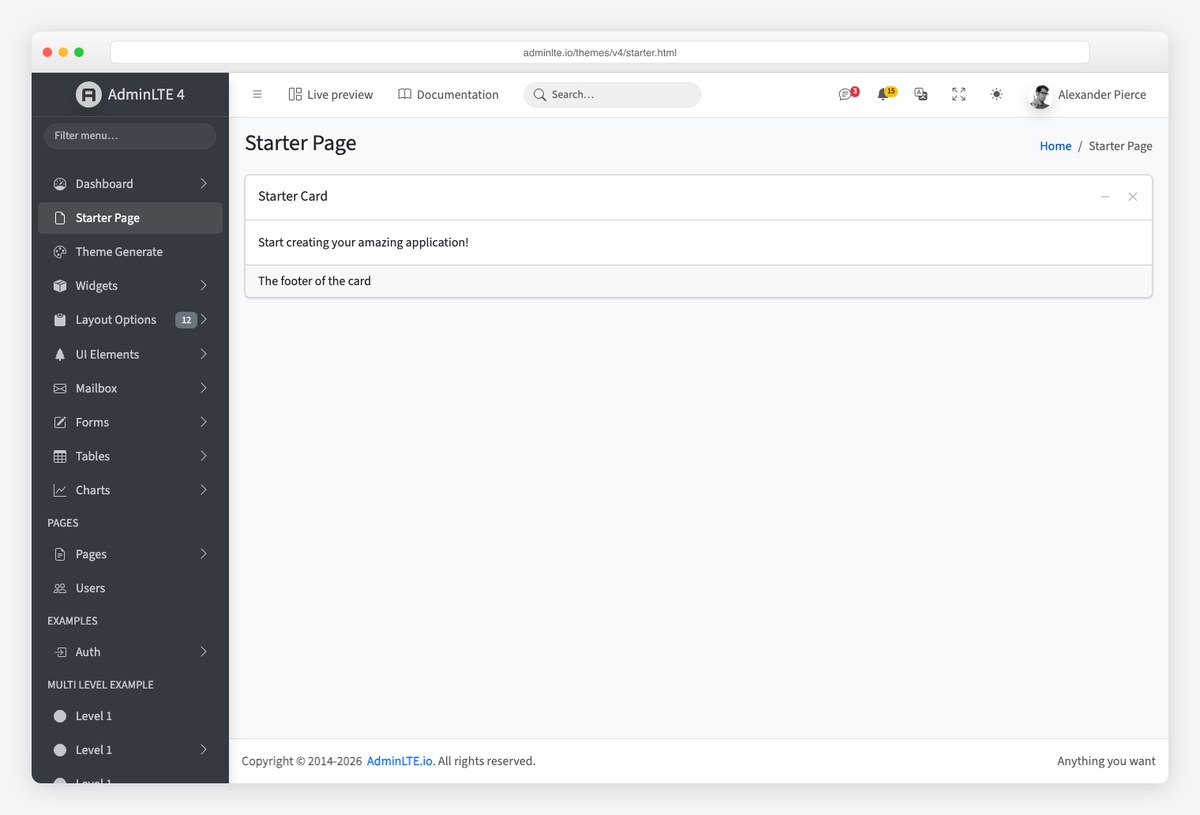 The AdminLTE 4 starter page: header, sidebar, one card and footer