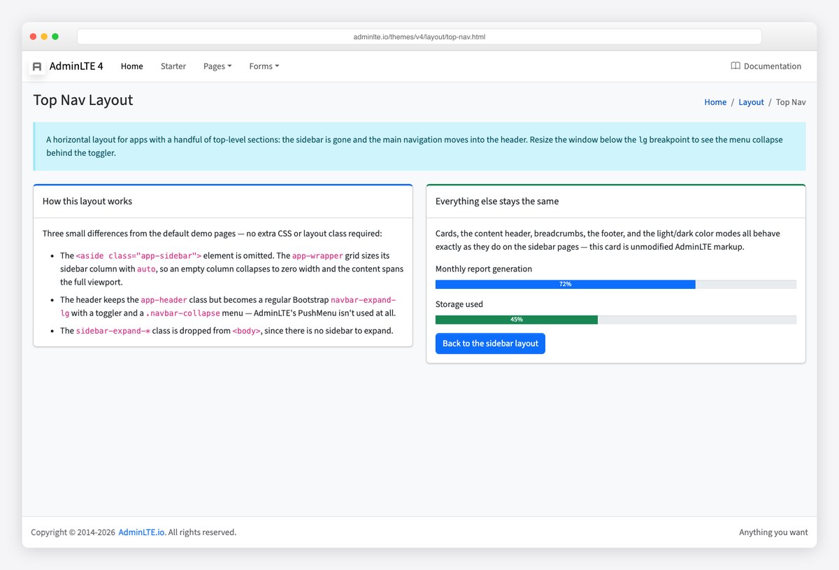 AdminLTE 4 top-navigation layout without a sidebar