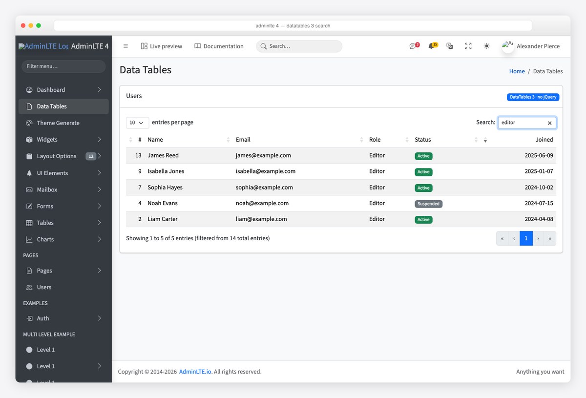 AdminLTE 4 DataTables 3 table filtered by the built-in search box