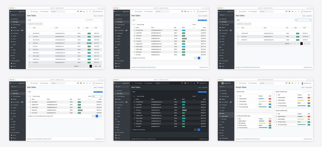 The best adminlte datatables — collage of six template screenshots
