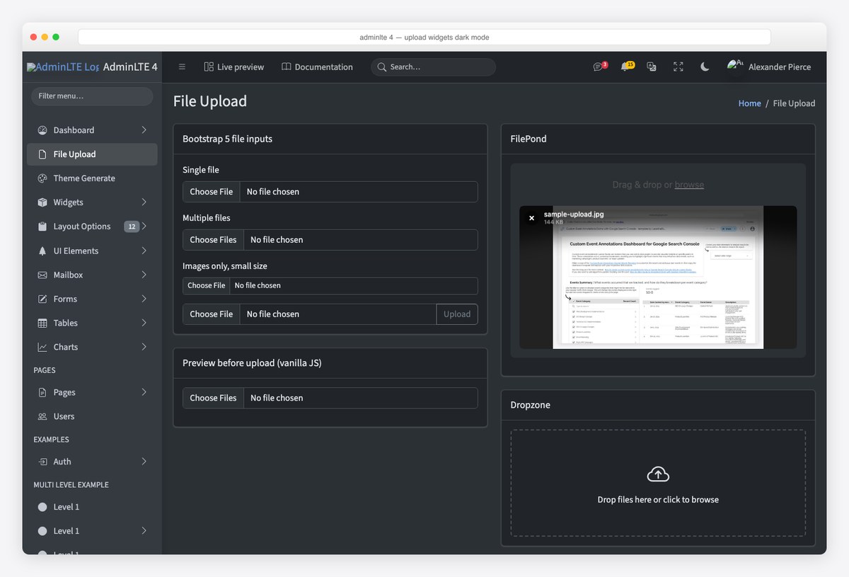 AdminLTE 4 file inputs, FilePond and Dropzone in dark color mode