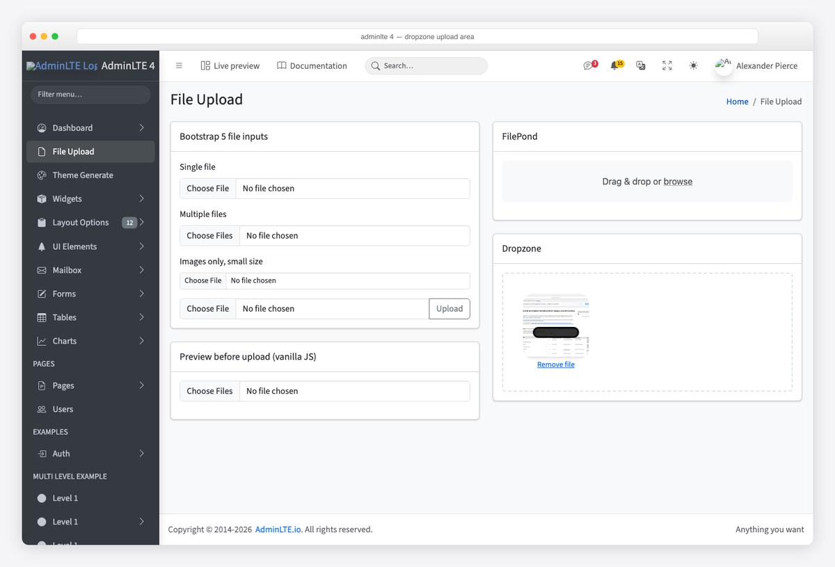 AdminLTE 4 card with a Dropzone drop area holding a queued image thumbnail