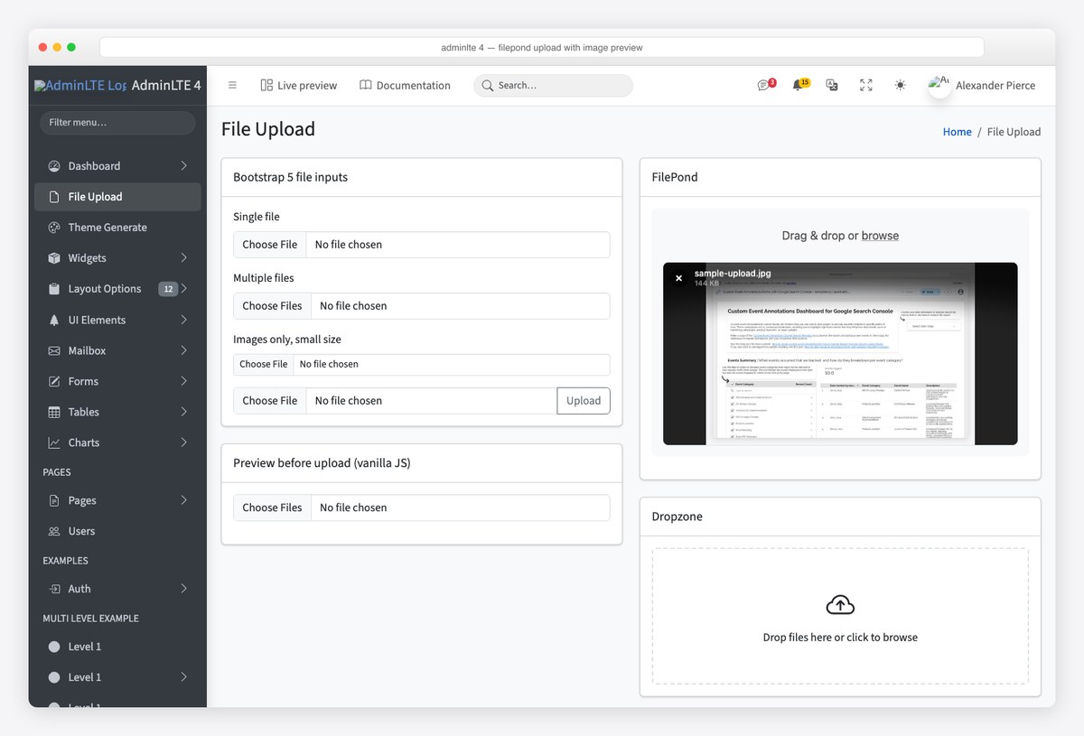 AdminLTE 4 card with FilePond showing an image preview of a queued file