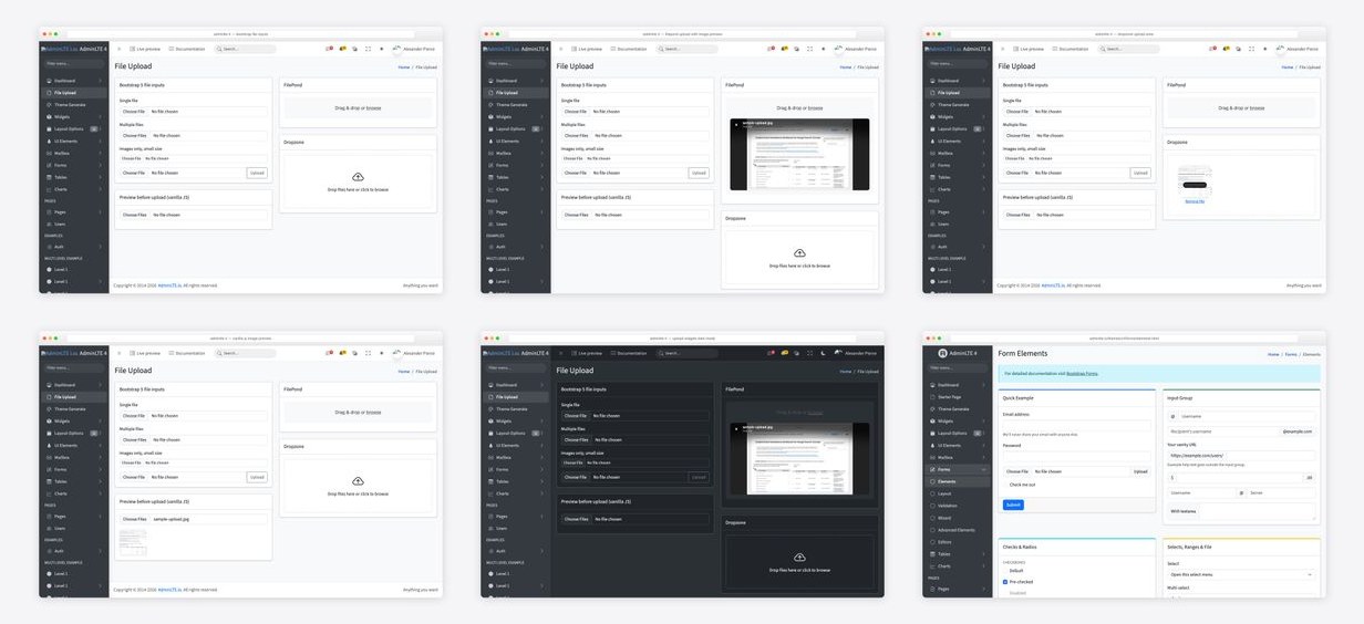 The best adminlte file upload — collage of six template screenshots