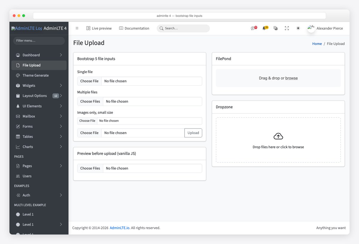 AdminLTE 4 card with Bootstrap 5 file inputs: single, multiple, small and input-group with an Upload button