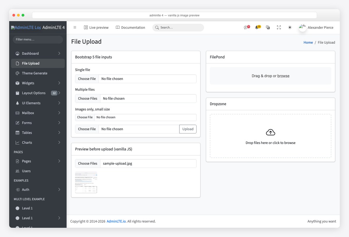 AdminLTE 4 card showing thumbnails generated with URL.createObjectURL before upload