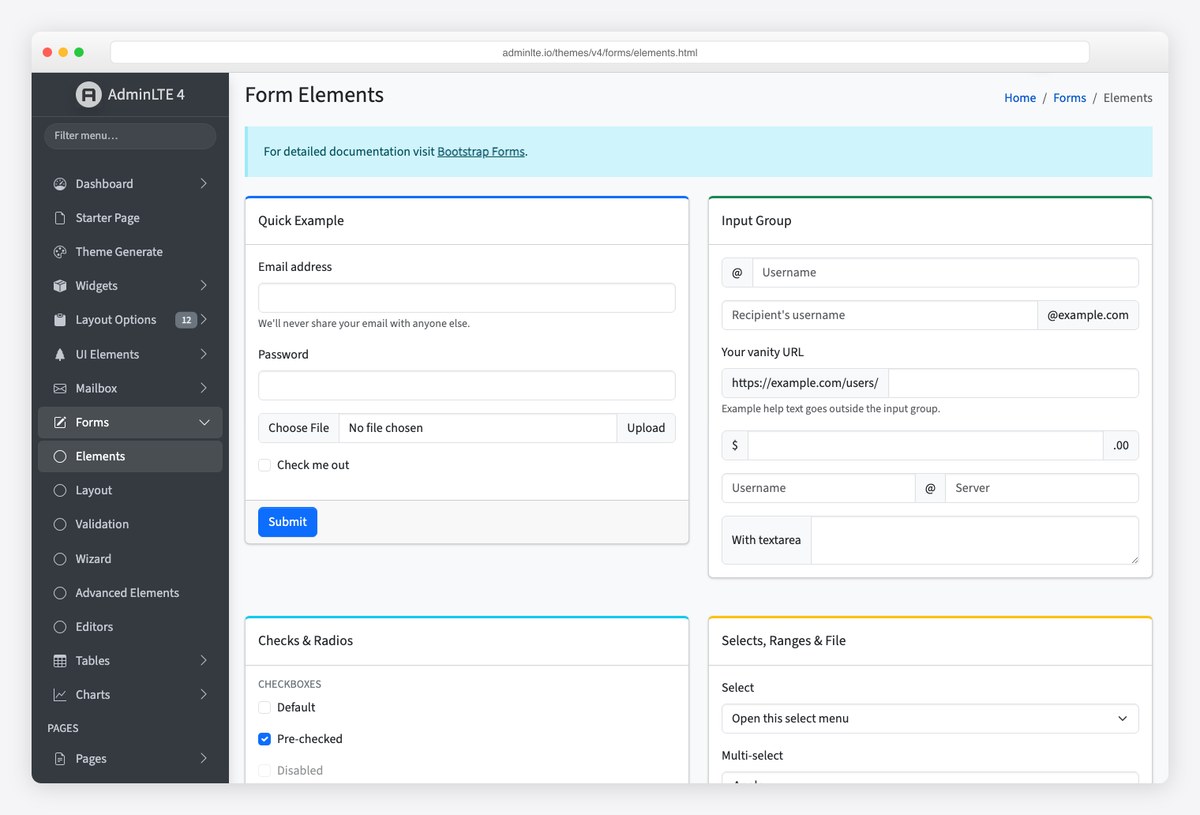 File inputs on the AdminLTE 4 Form Elements demo page