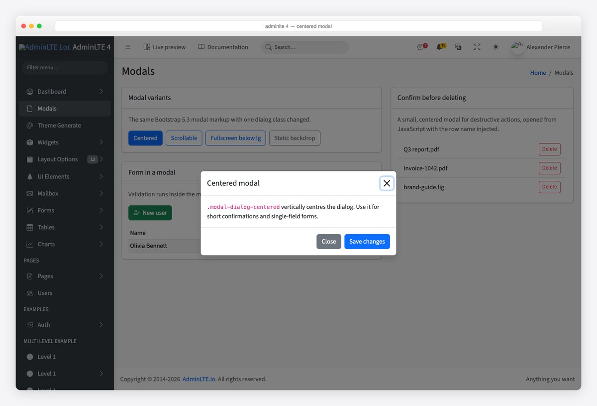 AdminLTE 4 centered Bootstrap 5 modal open over the dashboard