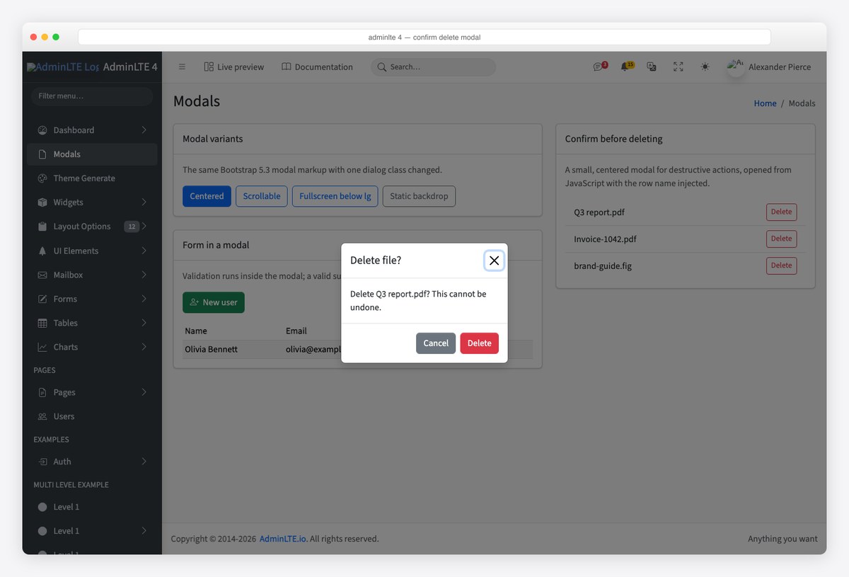 AdminLTE 4 small confirm-delete modal opened from JavaScript with the file name injected