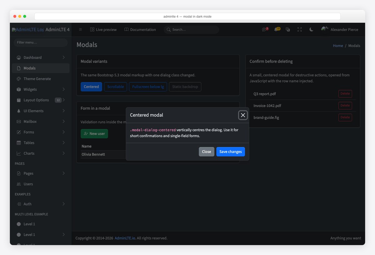 AdminLTE 4 centered modal in dark color mode