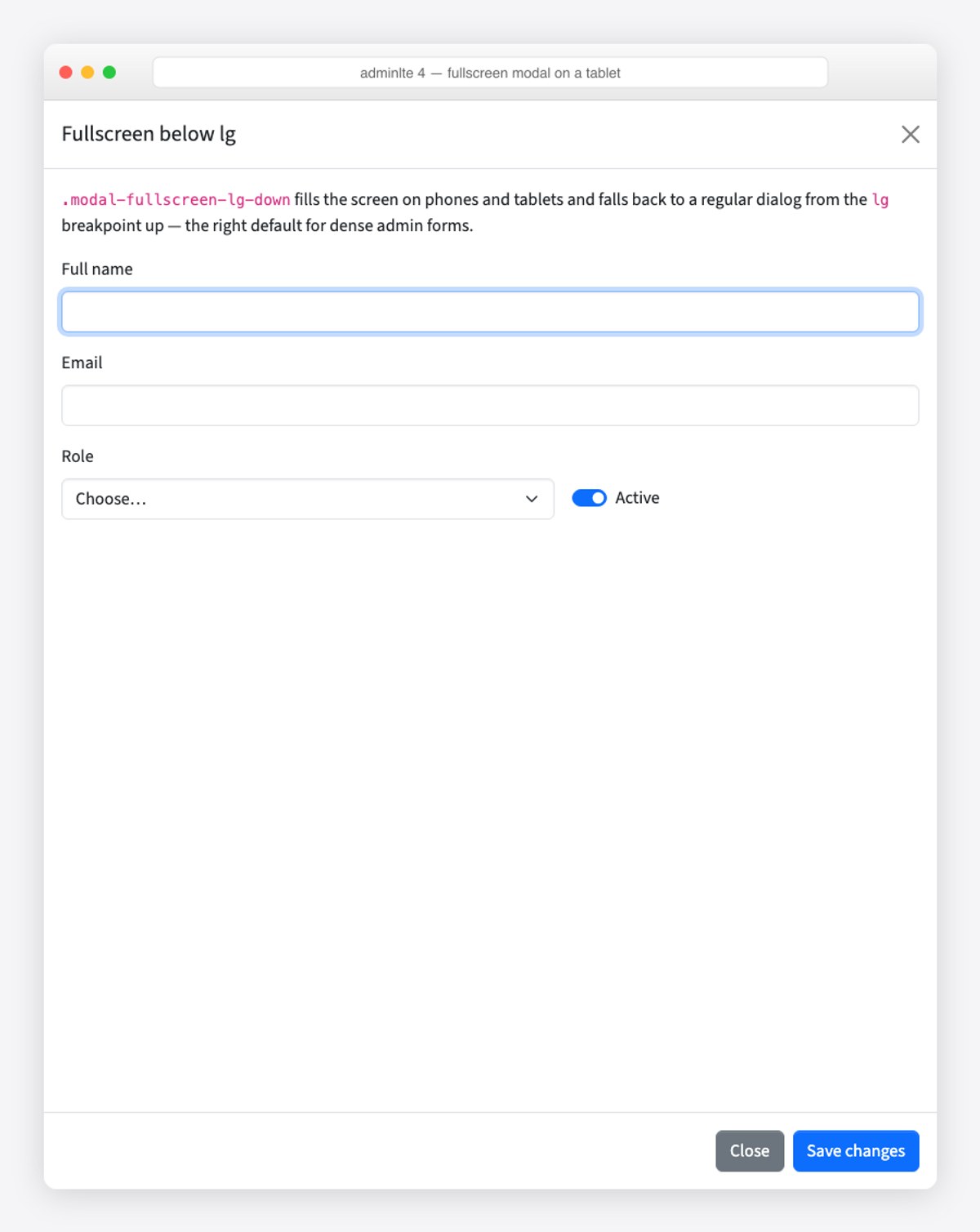 AdminLTE 4 modal filling a tablet-width screen with the modal-fullscreen-lg-down class