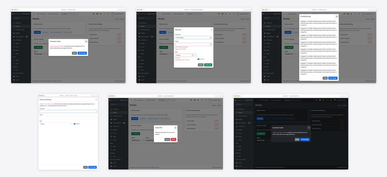 The best adminlte modals — collage of six template screenshots