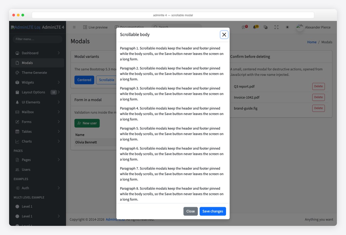 AdminLTE 4 scrollable modal with a long body and pinned header and footer