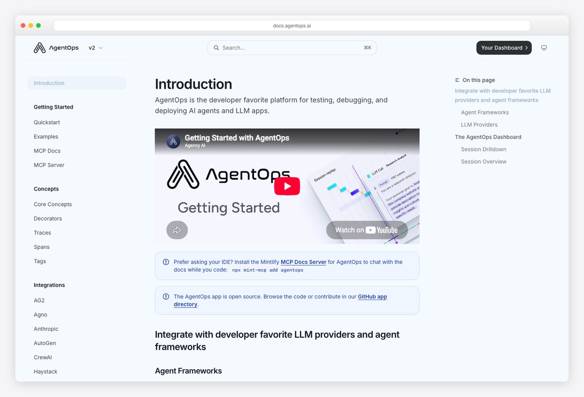 AgentOps documentation for agent session replays and monitoring
