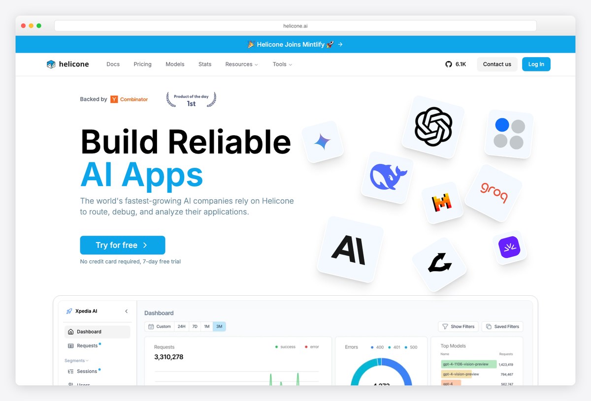 Helicone homepage with a preview of its LLM request analytics dashboard