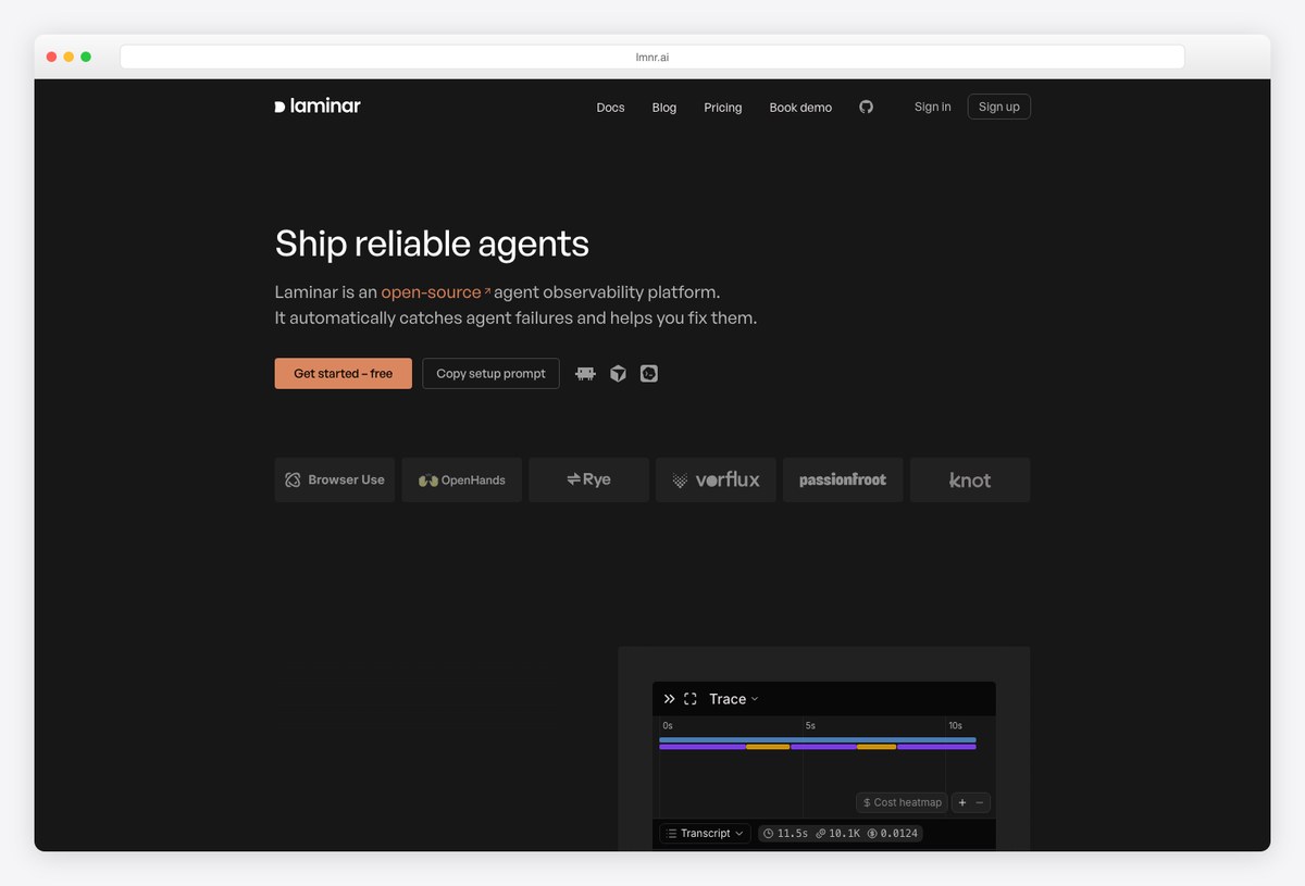 Laminar open-source observability platform for AI agents with trace timeline view