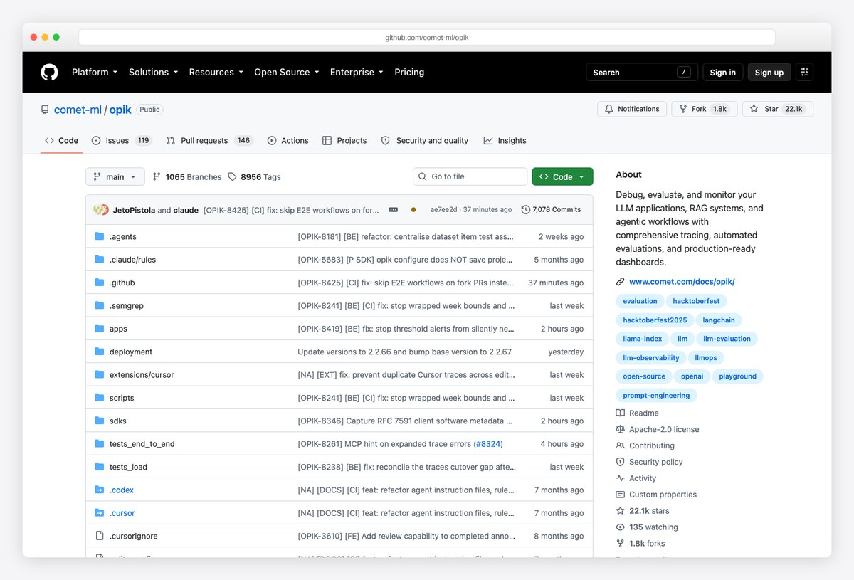 Opik by Comet open-source LLM evaluation and agent tracing platform on GitHub