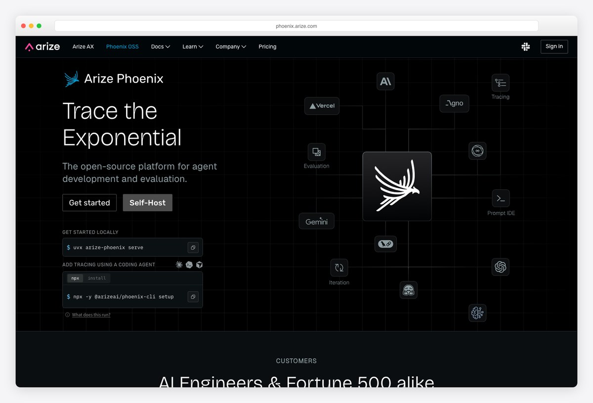 Arize Phoenix homepage: open-source platform for agent development and evaluation