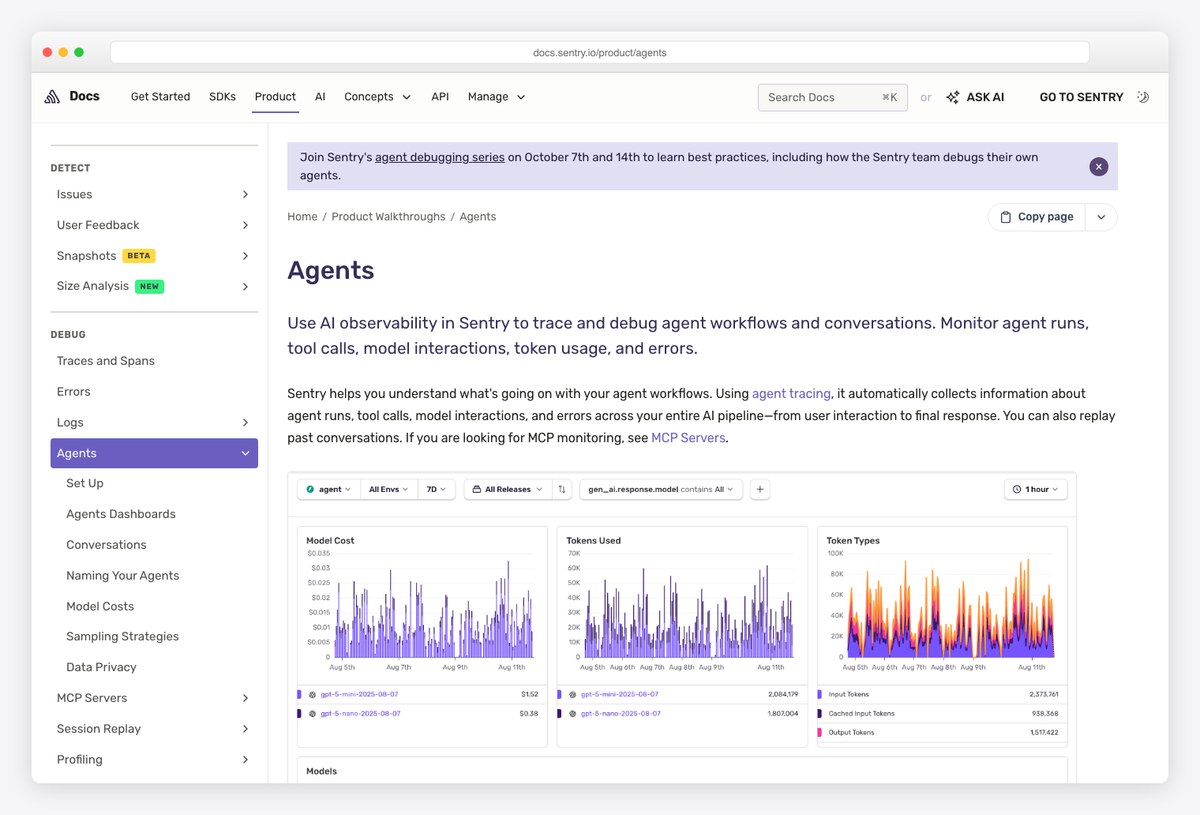Sentry AI Agent Monitoring showing agent runs, tool calls and errors inside the Sentry performance product