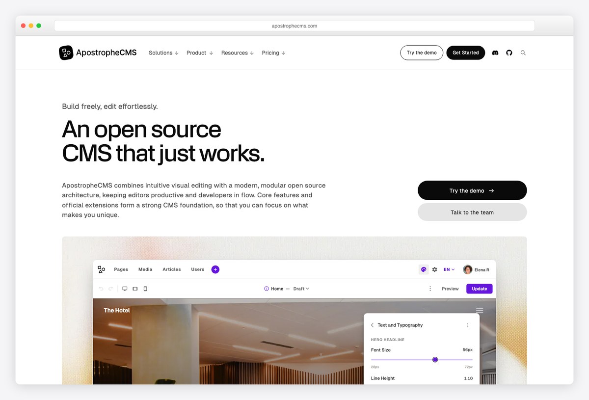 ApostropheCMS open-source Node.js content management framework homepage