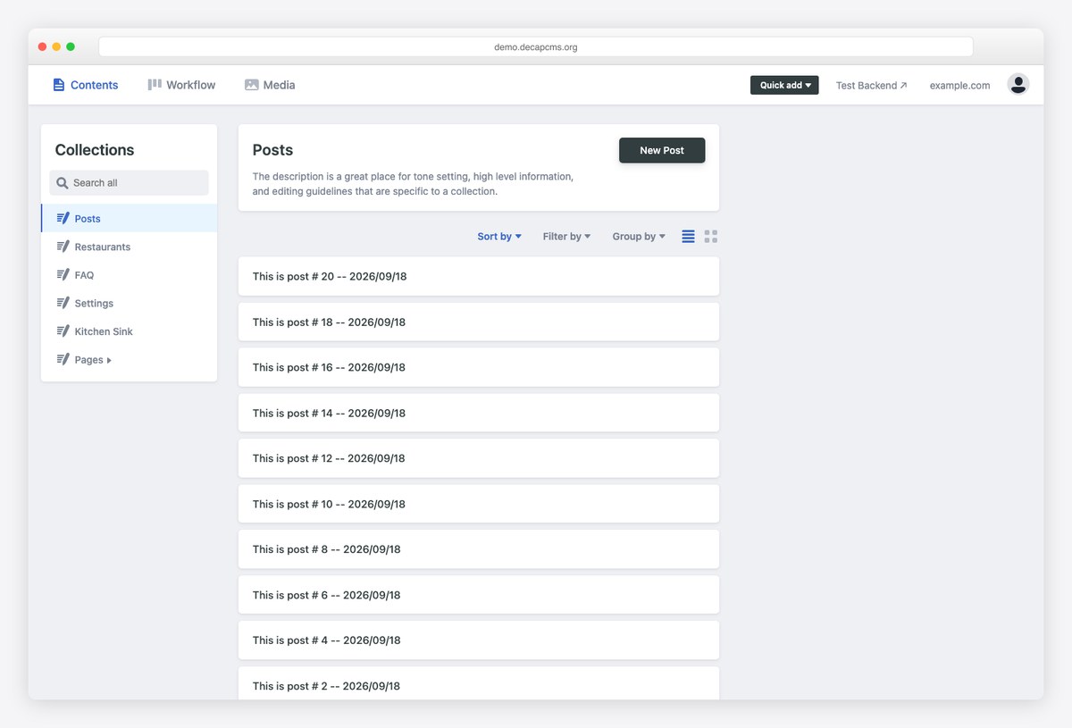 Decap CMS public demo showing the Git-based editorial admin