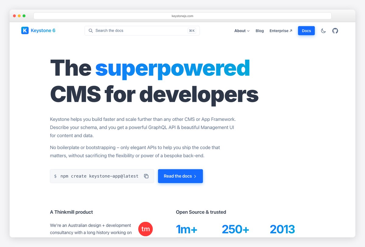 Keystone headless CMS for Node.js homepage