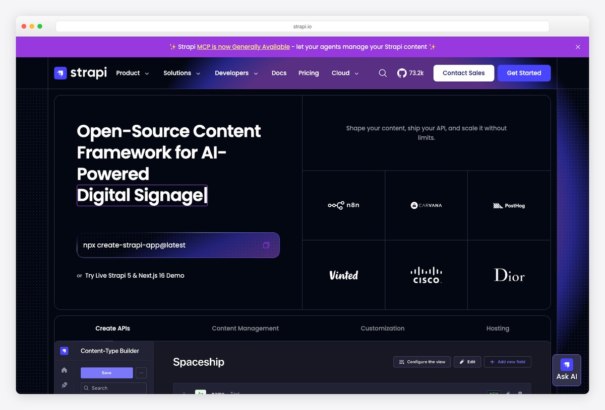 Strapi open-source headless CMS homepage