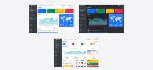AdminLTE 4 customization: the default light dashboard, the same dashboard in dark mode, and an alternative layout