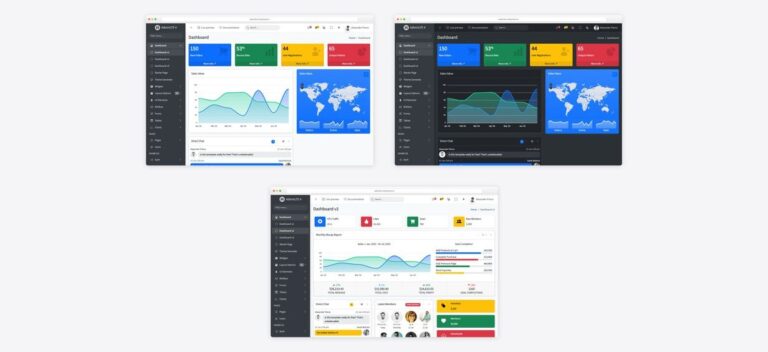 AdminLTE 4 customization: the default light dashboard, the same dashboard in dark mode, and an alternative layout
