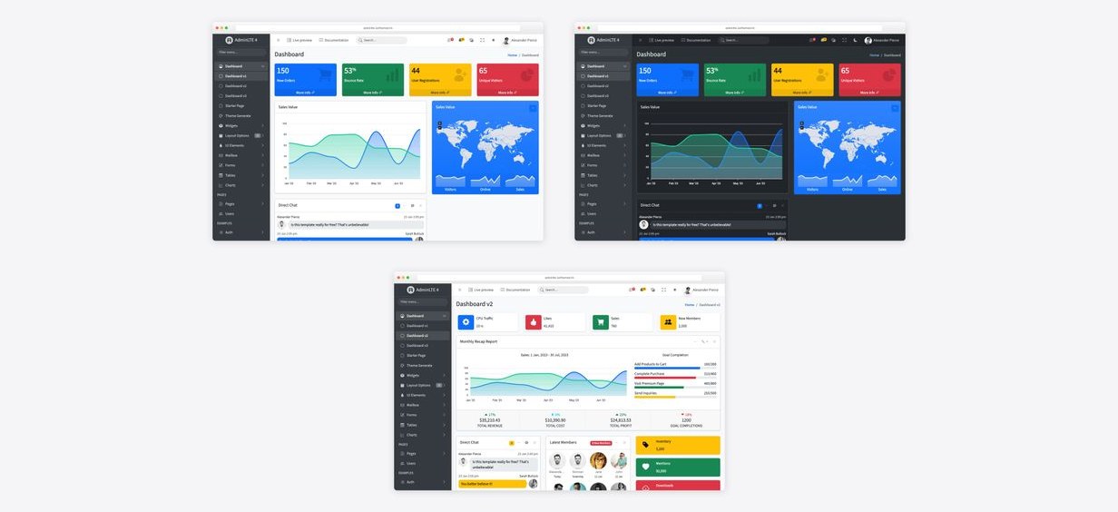 AdminLTE 4 customization: the default light dashboard, the same dashboard in dark mode, and an alternative layout