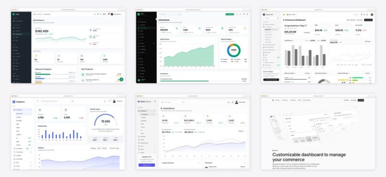 The best ecommerce dashboard design examples — collage of six template screenshots