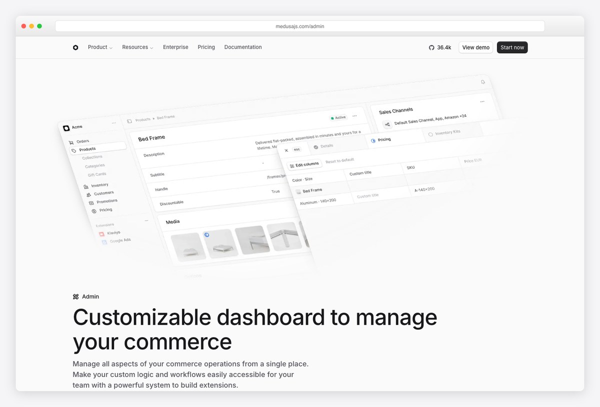 Medusa admin product page showing the open-source ecommerce admin interface