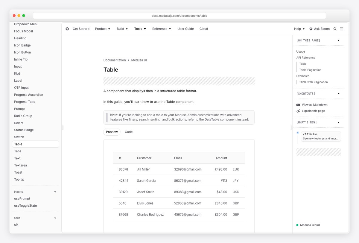 Medusa UI Table component documentation with a live example