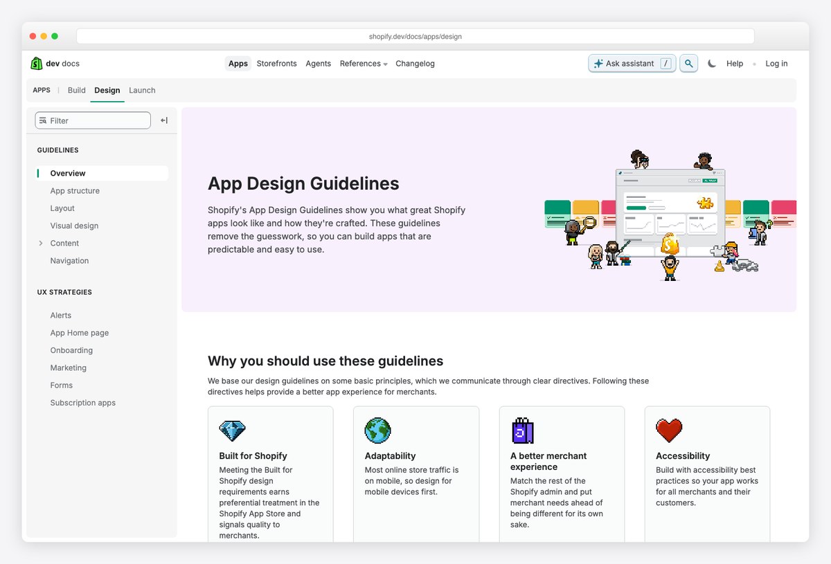 Shopify app design guidelines page describing how apps should fit the Shopify admin
