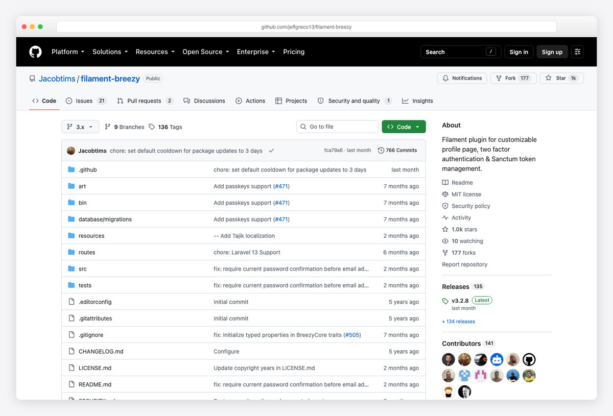 Filament Breezy profile and two-factor auth plugin repository
