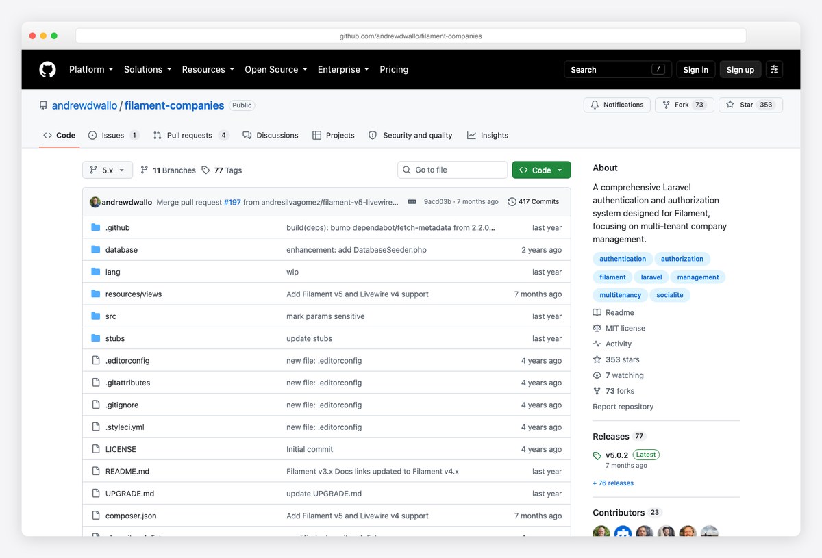 Filament Companies authentication and teams plugin repository