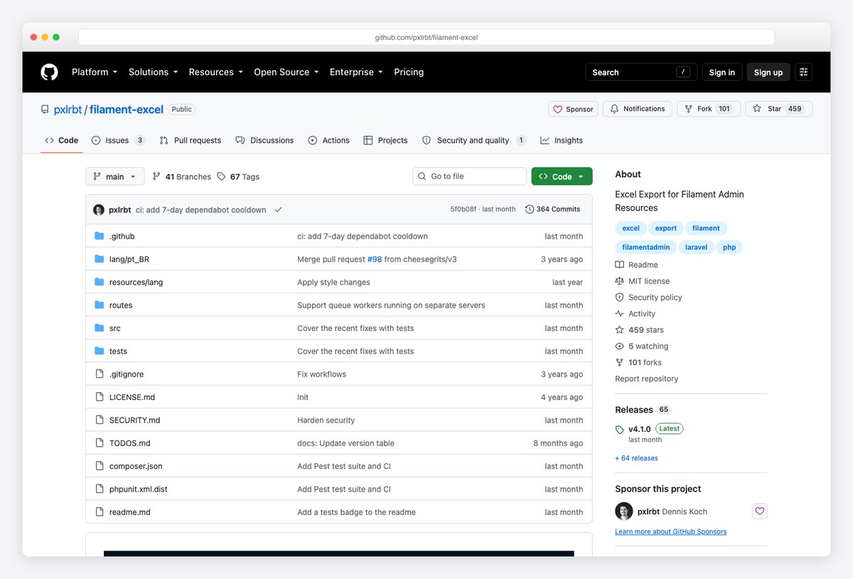 Filament Excel export plugin repository