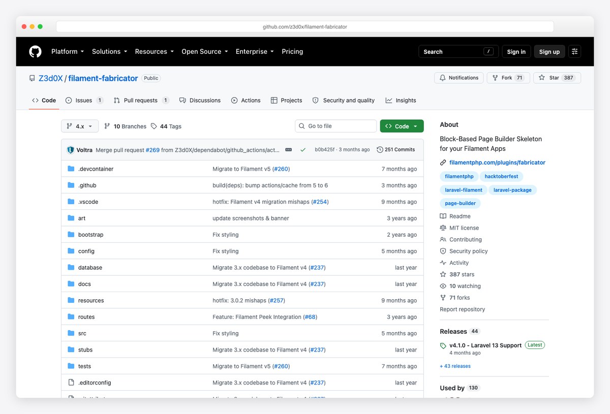 Filament Fabricator block-based page builder repository