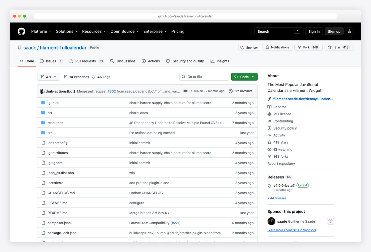 Filament FullCalendar widget plugin repository