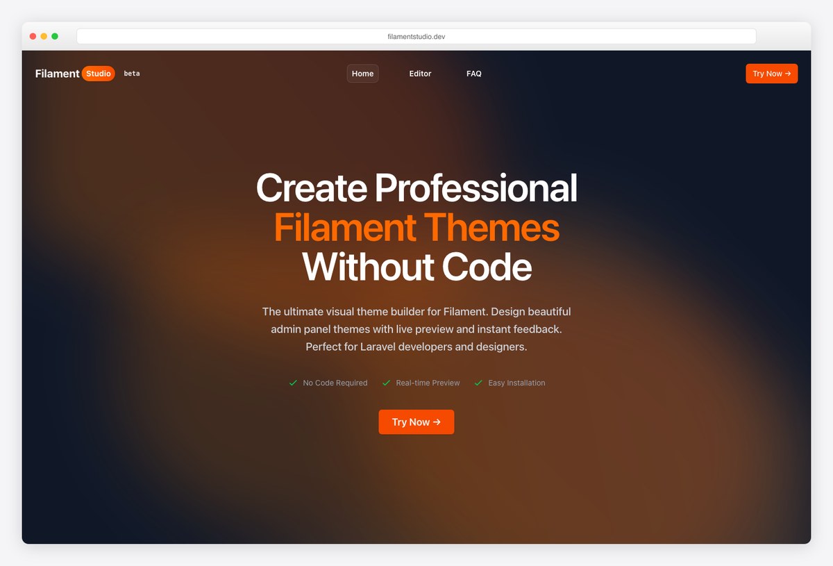 Filament Studio visual theme editor homepage