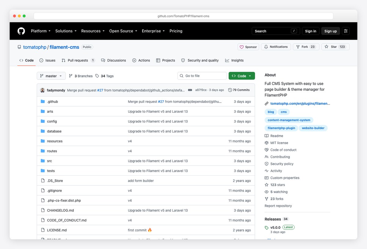 TomatoPHP Filament CMS repository with page builder and theme manager