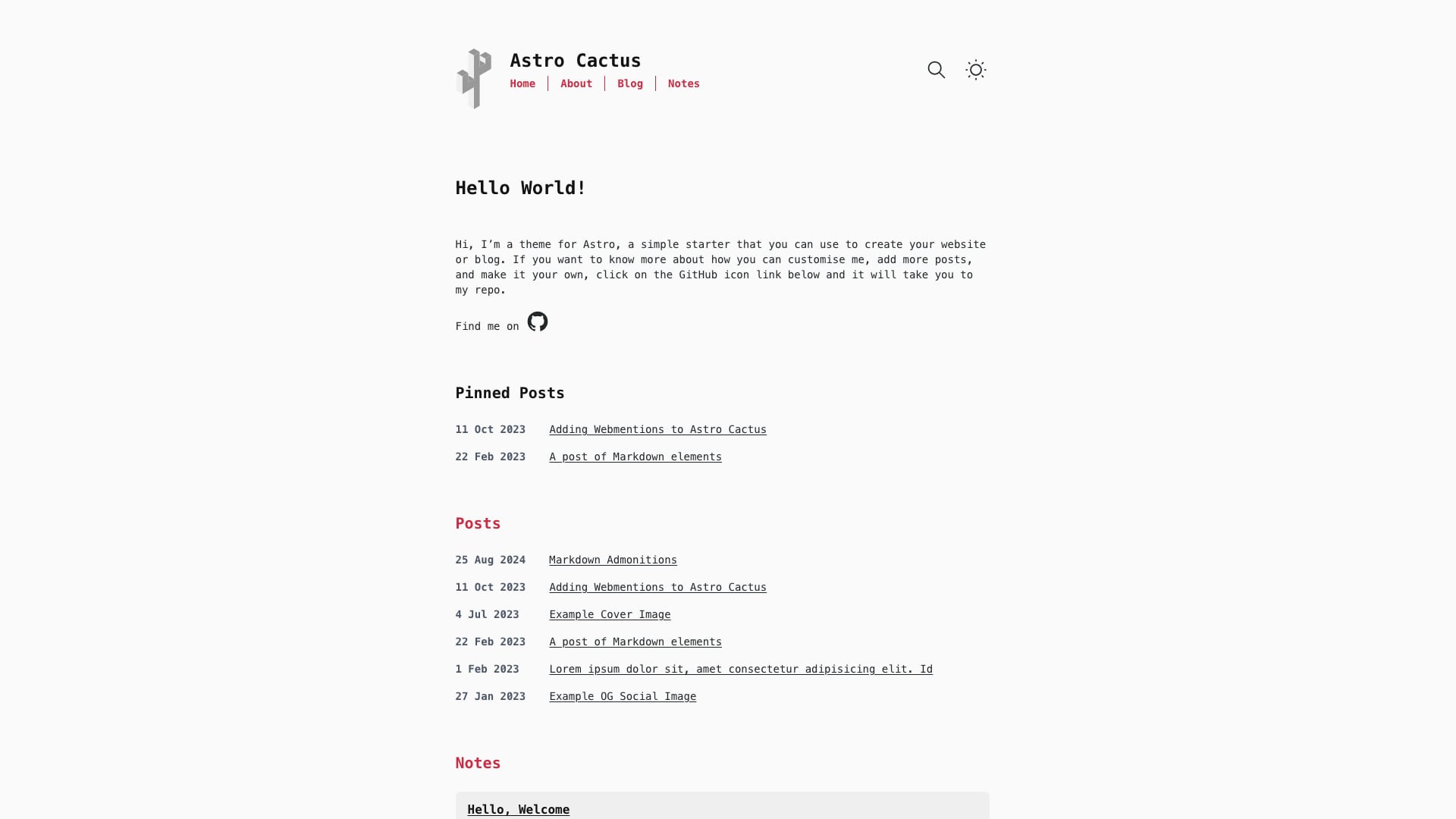 Astro Cactus free minimal blog theme homepage