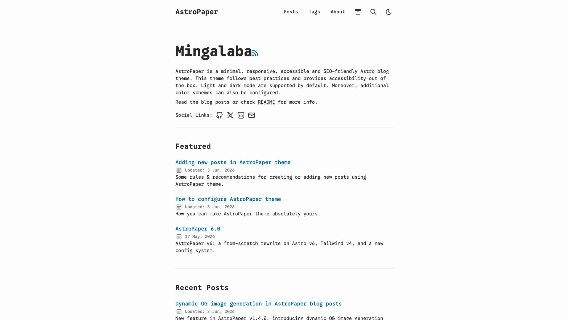 AstroPaper free minimal Astro blog theme homepage