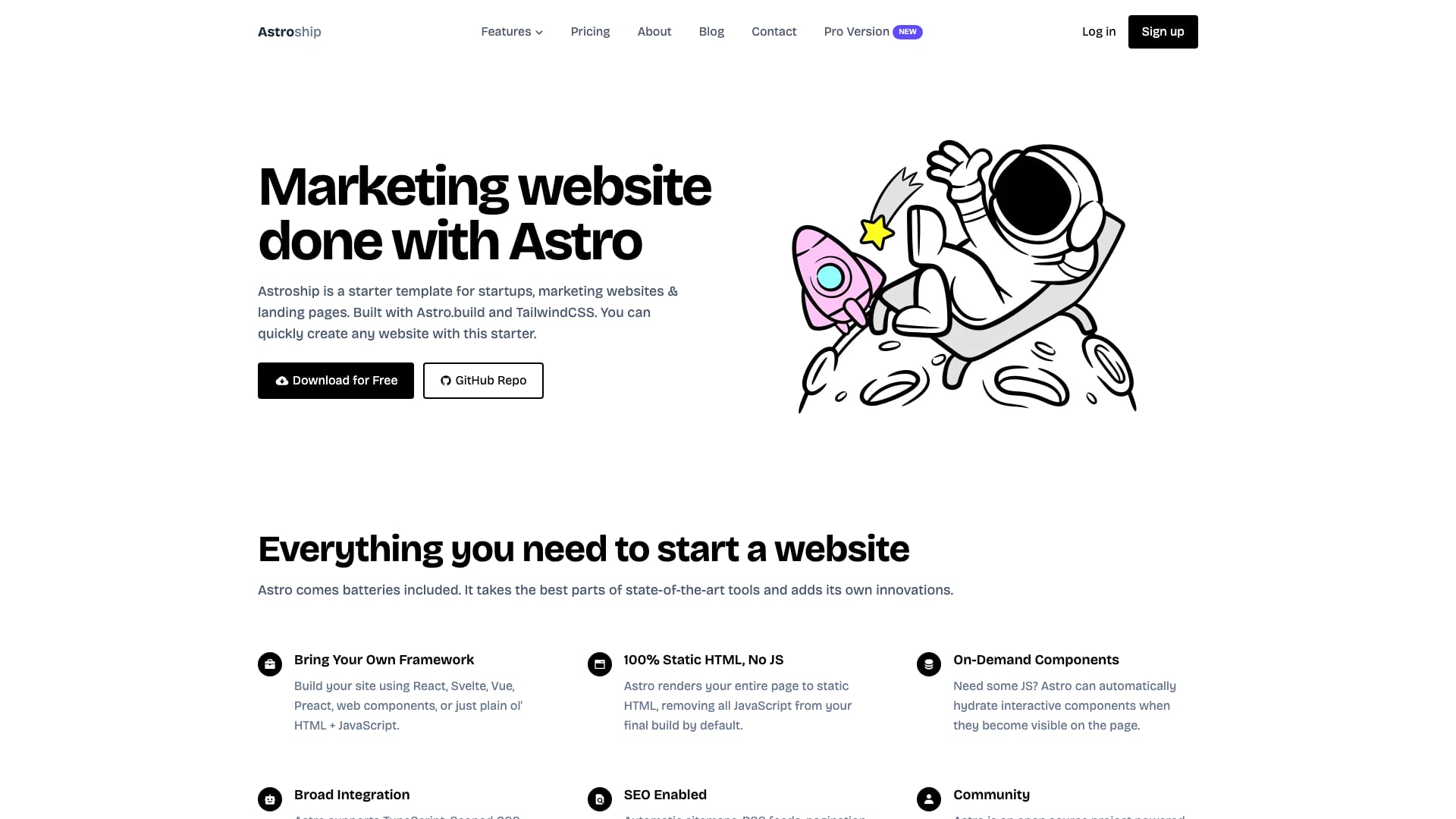 Astroship free Astro startup and marketing website template