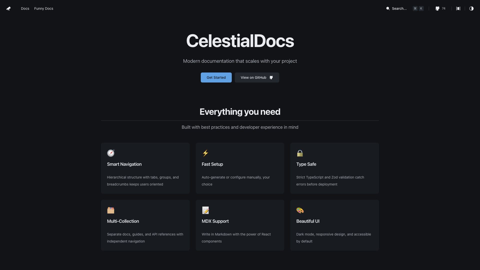 CelestialDocs free Astro documentation template with shadcn/ui